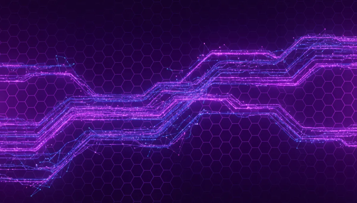 Abstract purple and violet geometric data streams symbolizing AI-driven content repurposing