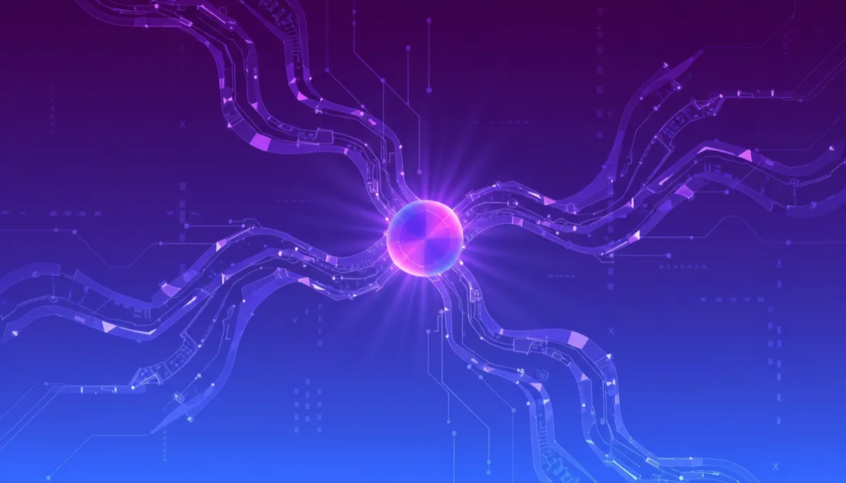 Abstract geometric circuits in purple and indigo branching into multiple content streams