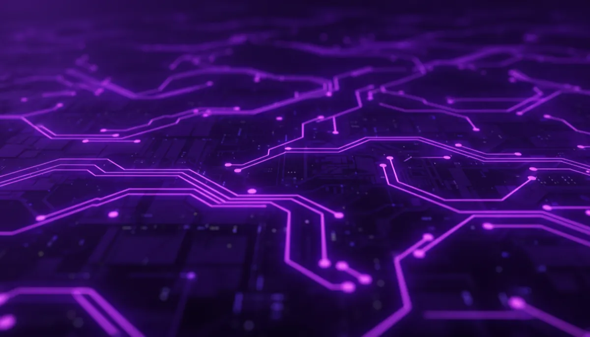 Abstract purple and violet AI data streams forming a connected digital network