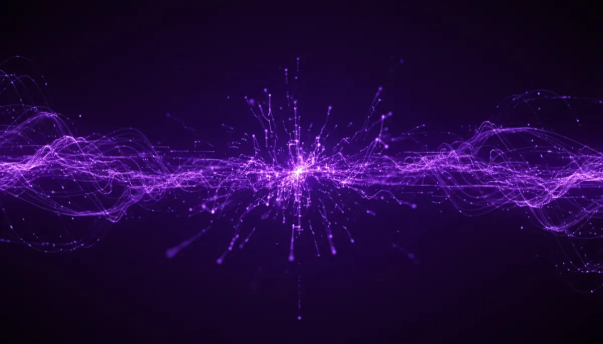 Abstract deep purple and electric violet particle network visualizing AI-powered growth