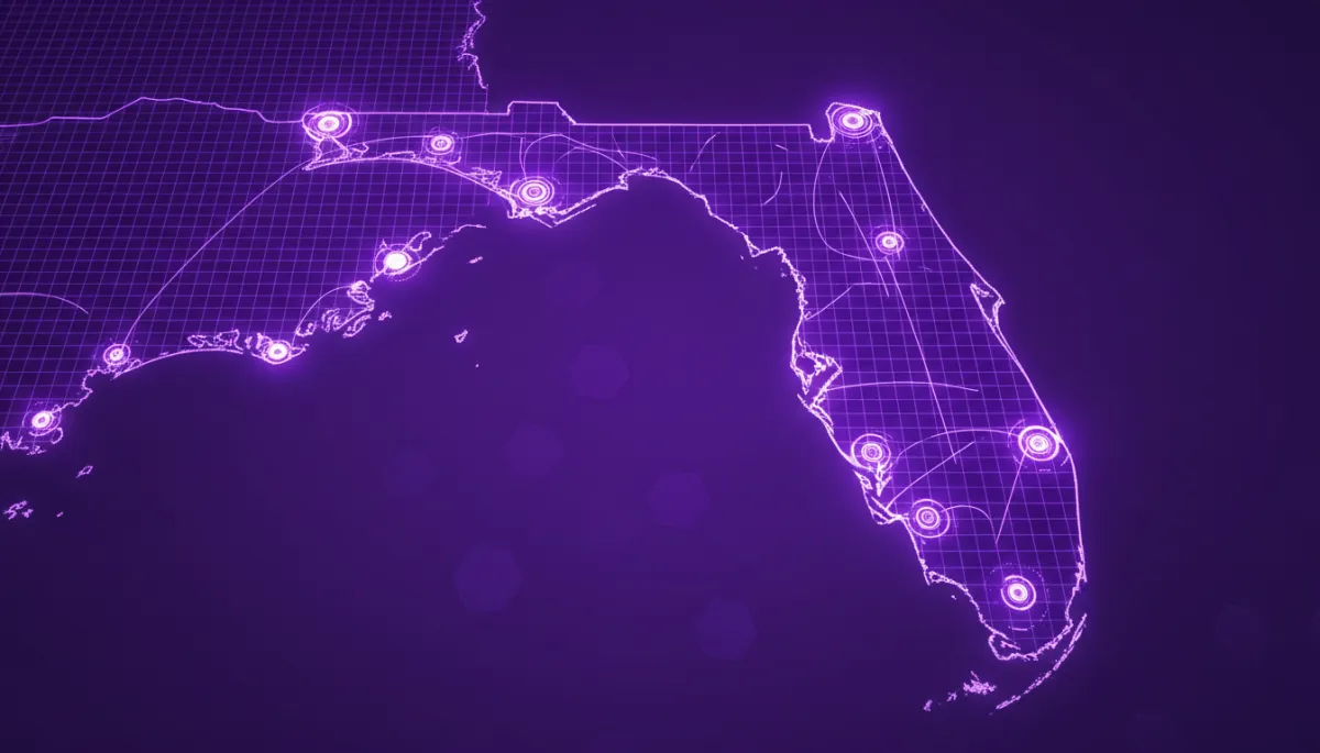 Abstract digital grid representation of Florida with glowing AI data nodes