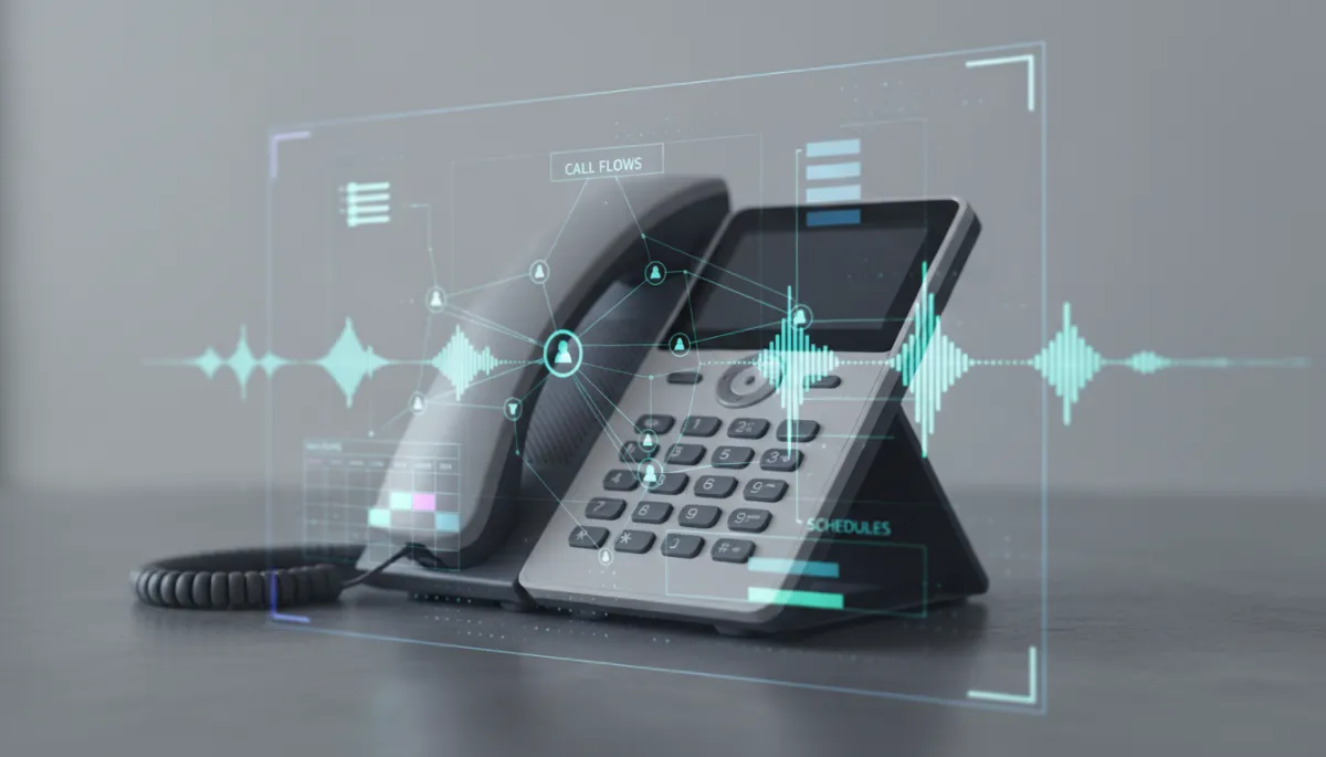 photorealistic neutral-toned close-up of a modern desk phone with visible voice-wave holograms and a transparent overlay of an AI configuration interface showing call flows and schedules