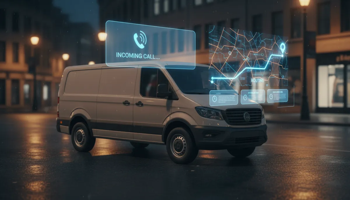 Photorealistic local service truck with digital overlays for AI-managed calls and jobs
