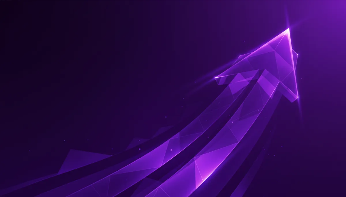 Abstract deep purple and violet geometric flows forming an upward growth arrow