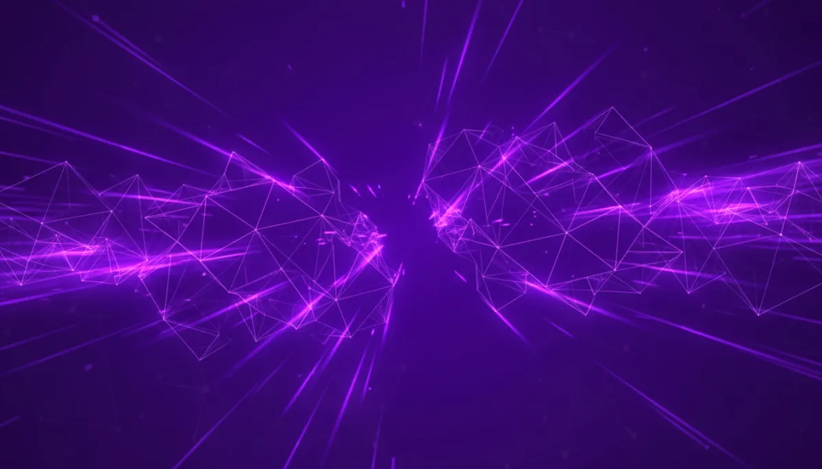 Abstract geometric AI grid in deep purple and electric violet symbolizing creator leverage