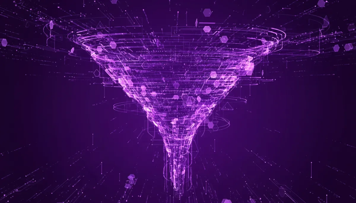 Abstract deep purple and violet AI data streams forming a powerful content funnel