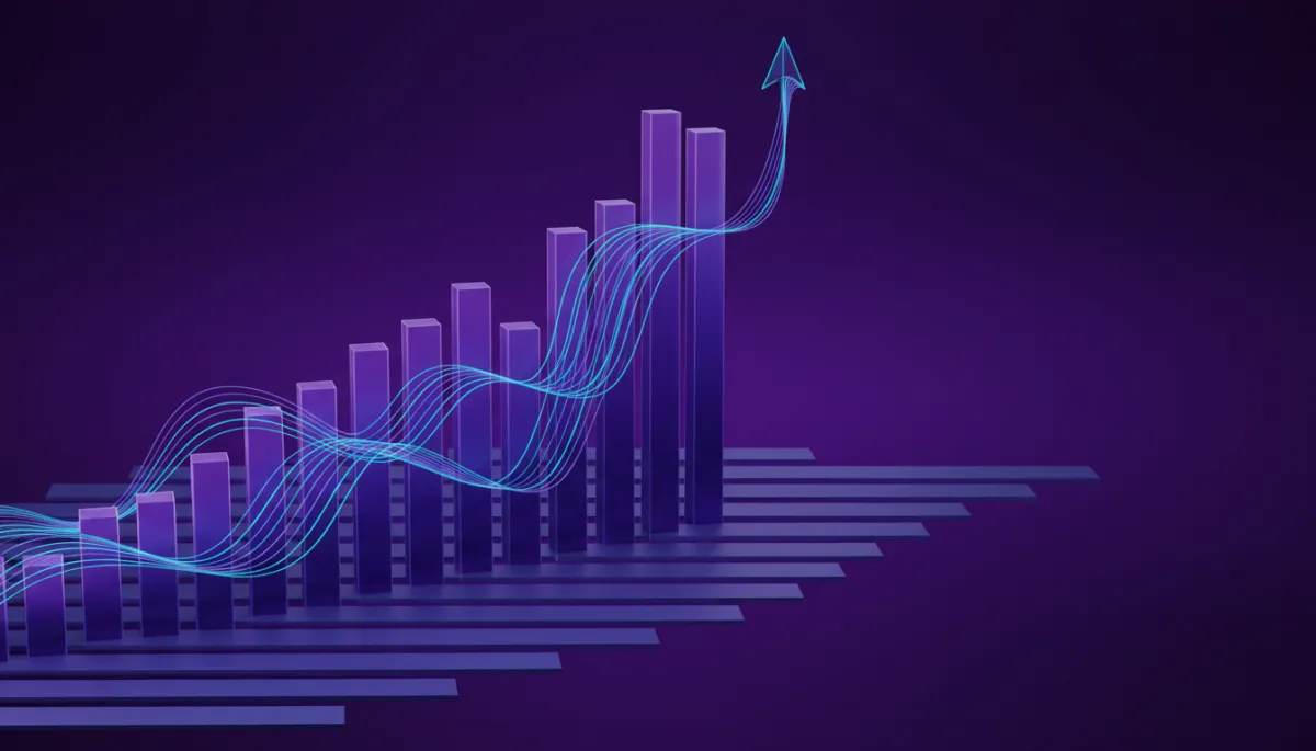 Deep purple and electric indigo abstract geometric visualization comparing exponential AI powered growth to flat manual output