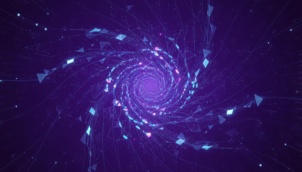 Abstract deep purple and indigo geometric data funnel symbolizing AI optimization for creators