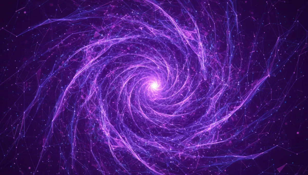 Abstract purple and violet geometric particles swirling in a digital vortex
