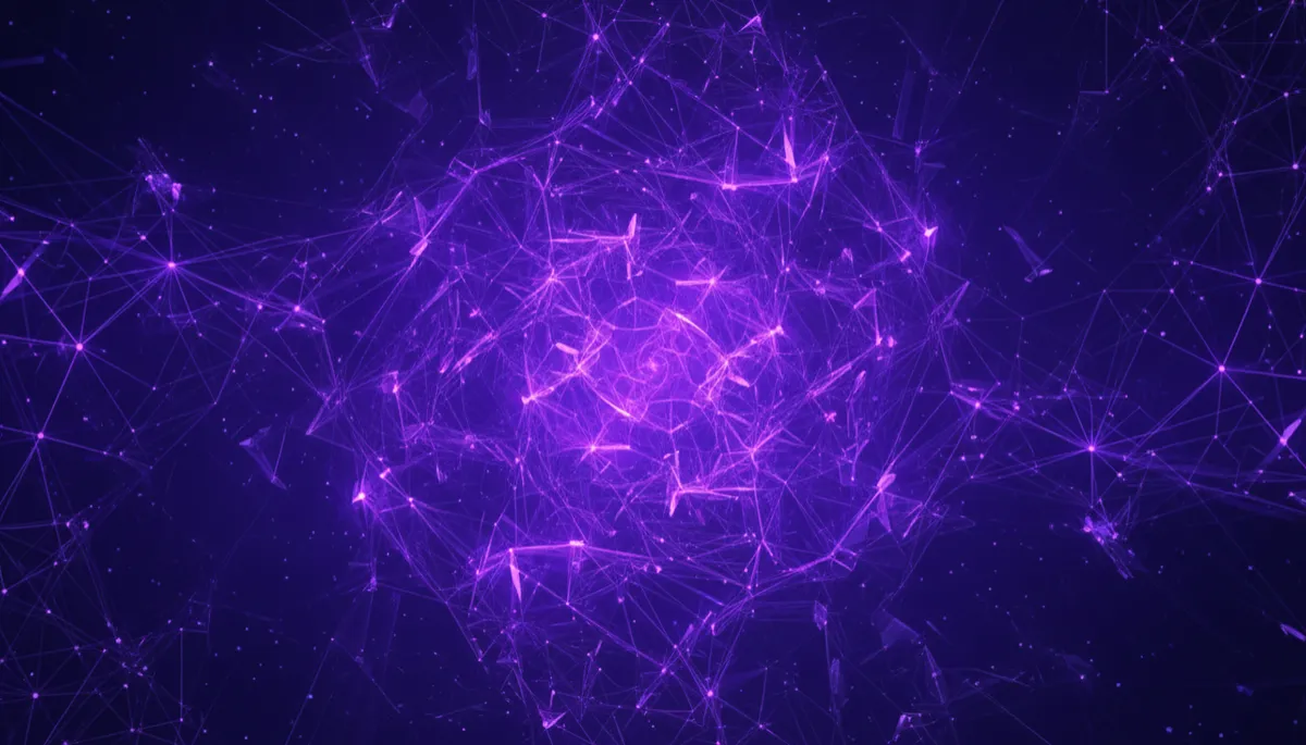 Abstract deep indigo neural network with glowing violet nodes in a geometric digital landscape