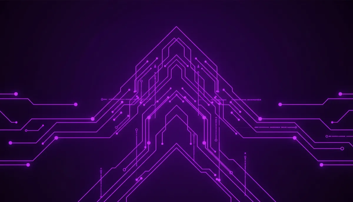 Abstract violet circuit patterns forming an upward arrow symbolizing AI-powered business growth