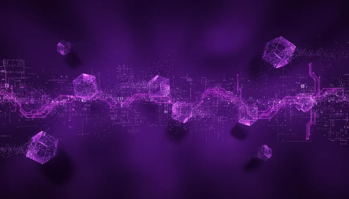 Abstract violet geometric shapes dissolving into digital particles symbolizing business decline without AI