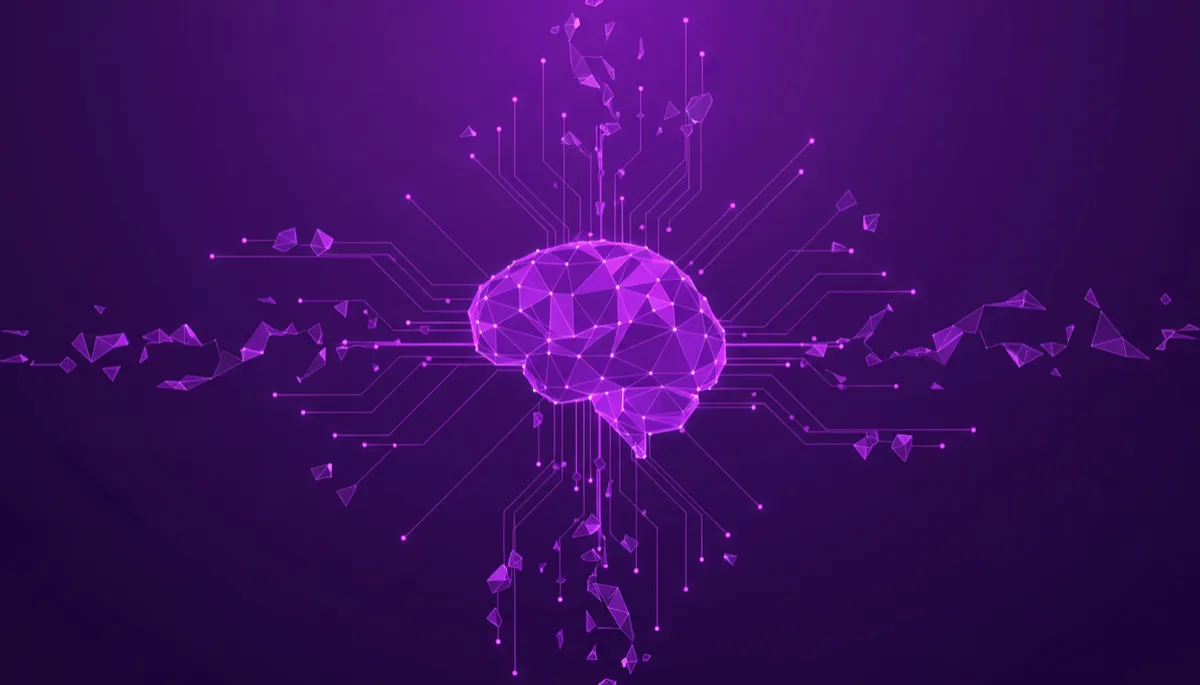 Abstract violet AI brain network branching into multiple content streams