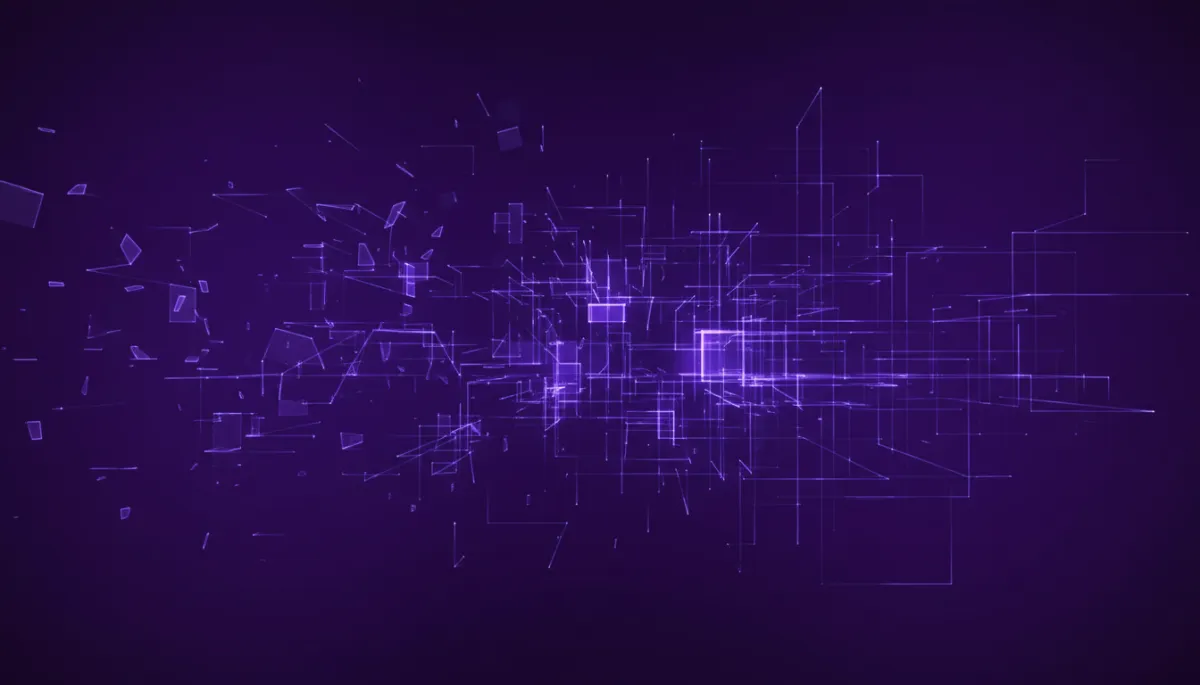 abstract, geometric, digital-flow tech visuals in deep purple and electric violet/indigo, flowing lines morphing from scattered chaos into structured grids symbolizing creator transformation with AI