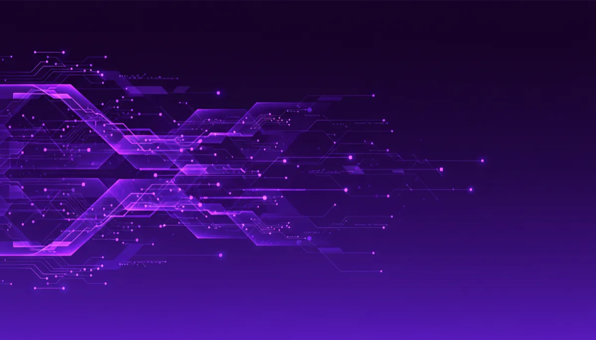 Abstract purple and violet geometric data streams representing AI automation