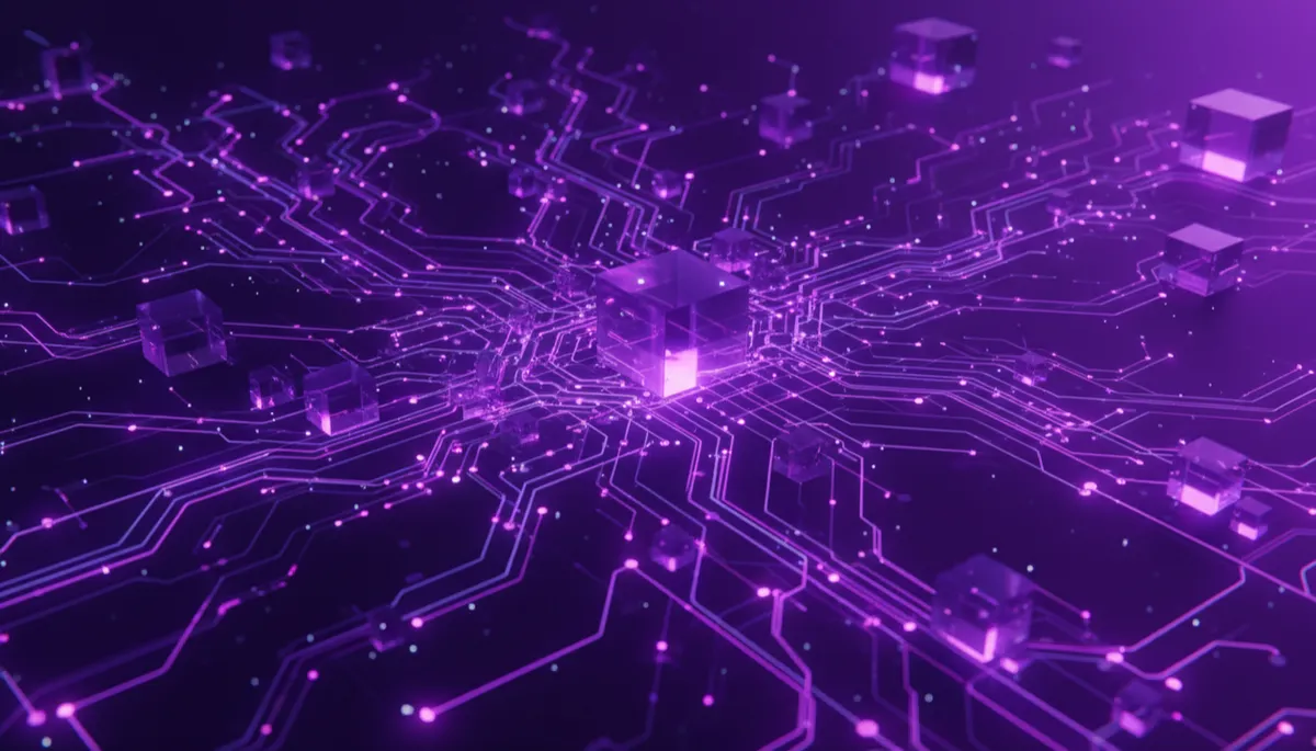 Abstract deep purple and indigo geometric network symbolizing AI systems powering local Florida businesses