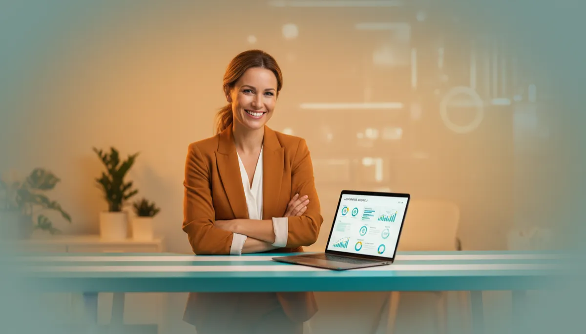 Local business owner reviewing AI automation metrics on a laptop