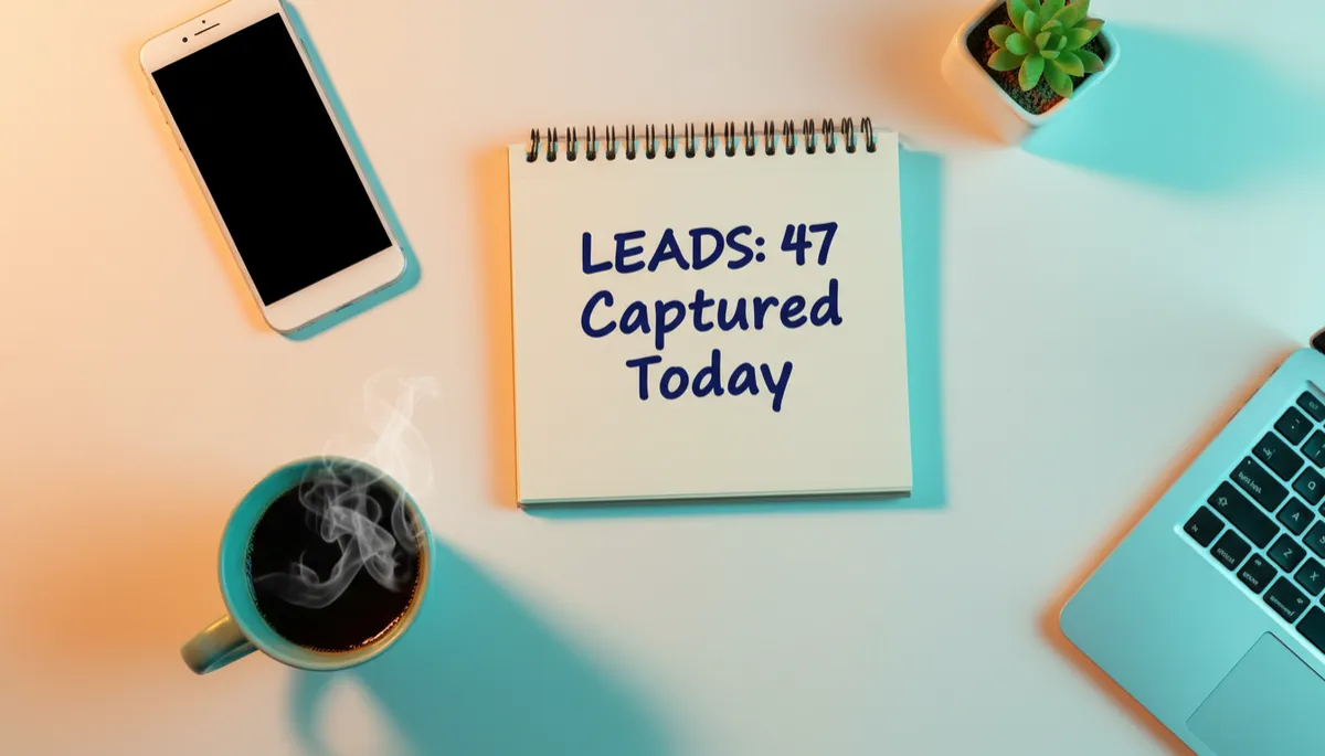 Workspace flat-lay showing daily lead capture notes and phone