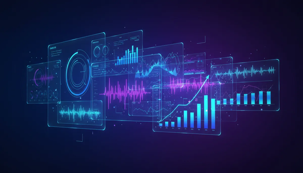 Futuristic dashboard with AI call analytics and voice waveforms