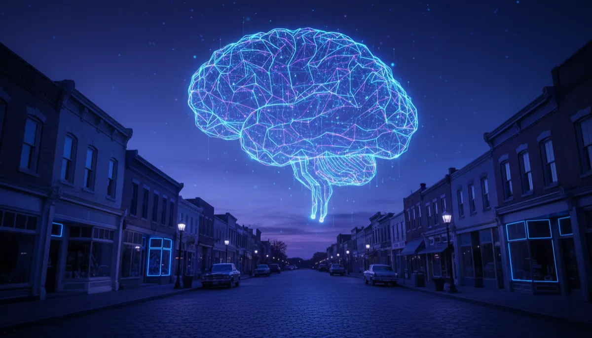 AI neural network hologram above small-town storefronts at dusk