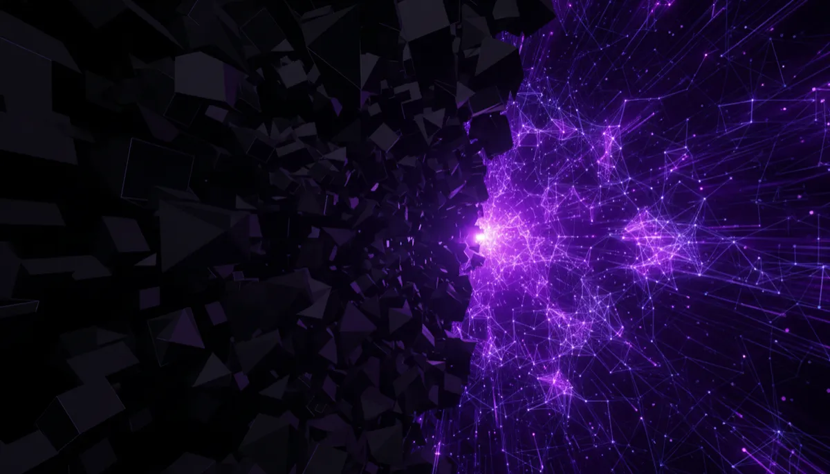 Abstract geometric split scene showing dark stagnation on one side and bright AI-powered growth on the other