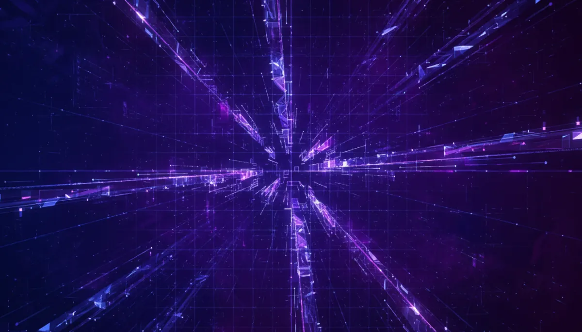 Abstract purple and indigo geometric data grid symbolizing AI-driven content systems