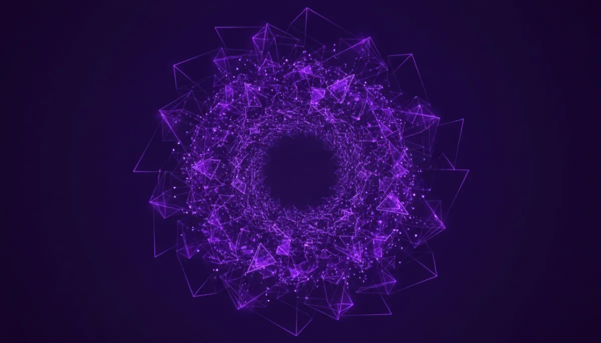Abstract deep purple and electric violet AI data stream vortex representing scalable creator systems, no humans, premium agency quality