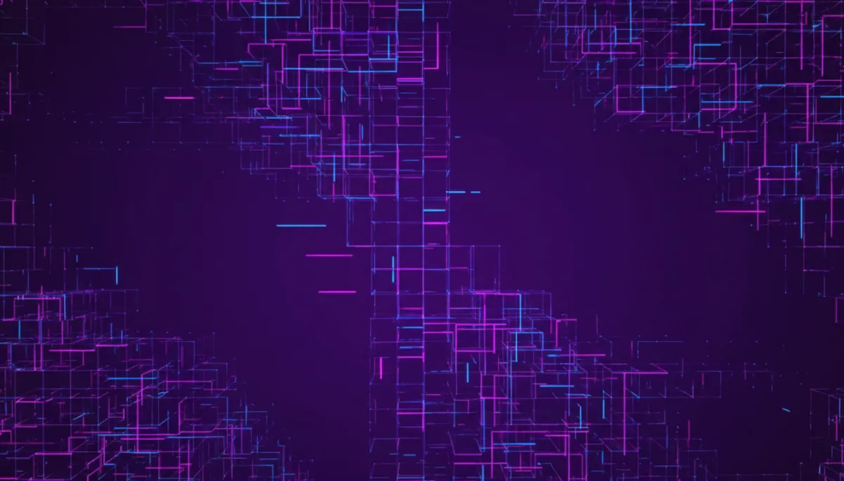 Abstract geometric AI network with glowing data circuits in purple and neon tones