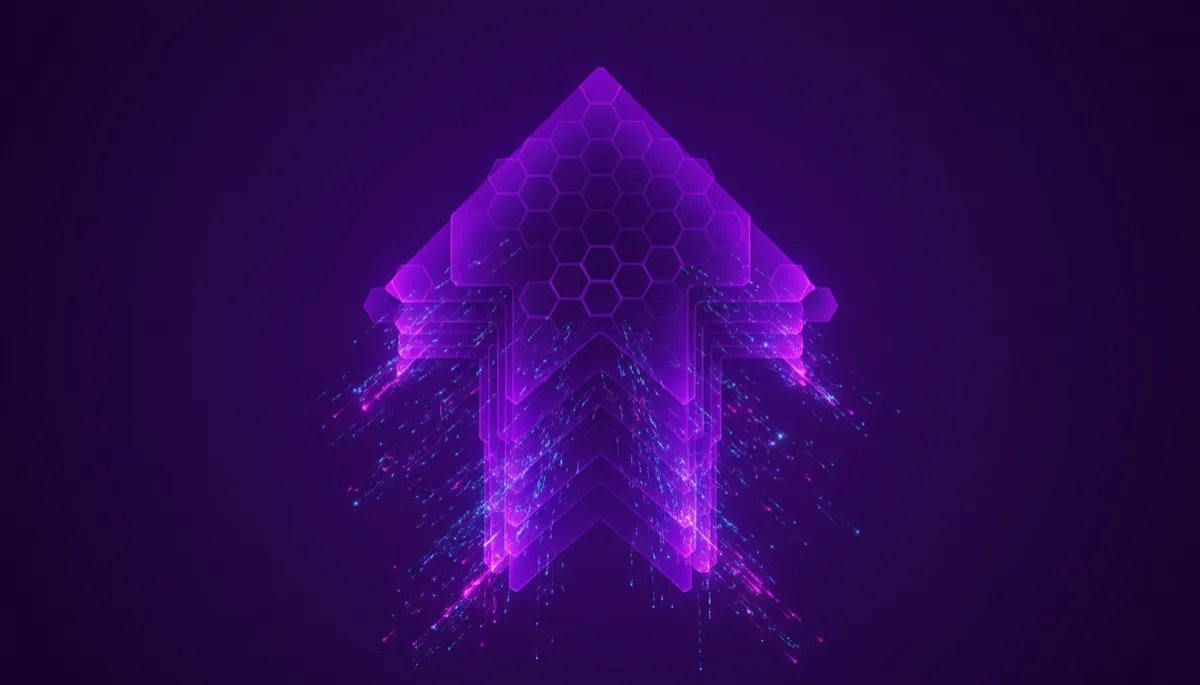 Abstract purple and indigo geometric data-flow graphic forming an upward arrow symbolizing AI-powered growth