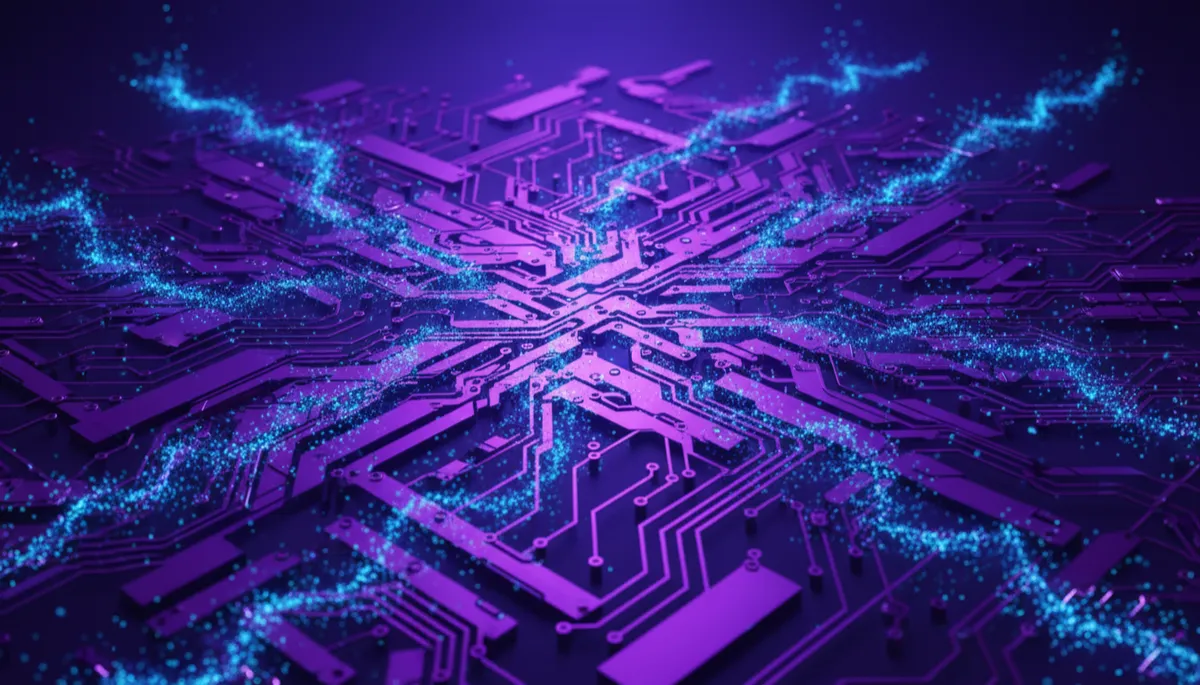Abstract indigo and violet digital circuitry with flowing energy patterns