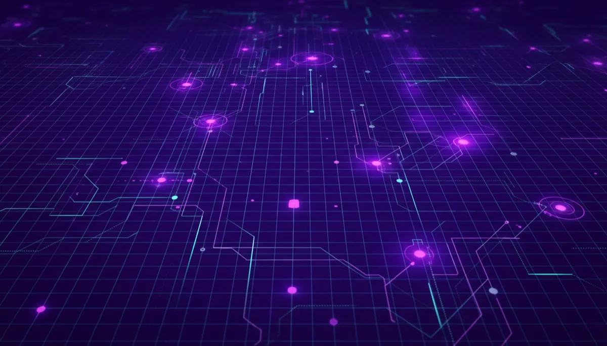 Abstract deep purple and indigo geometric circuit pattern symbolizing automated AI workflows
