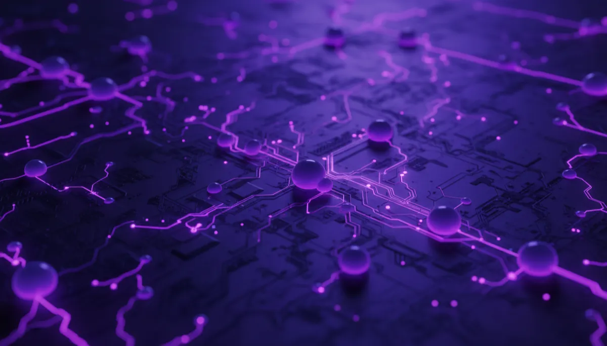 Abstract indigo and electric violet neural network grid representing AI connections