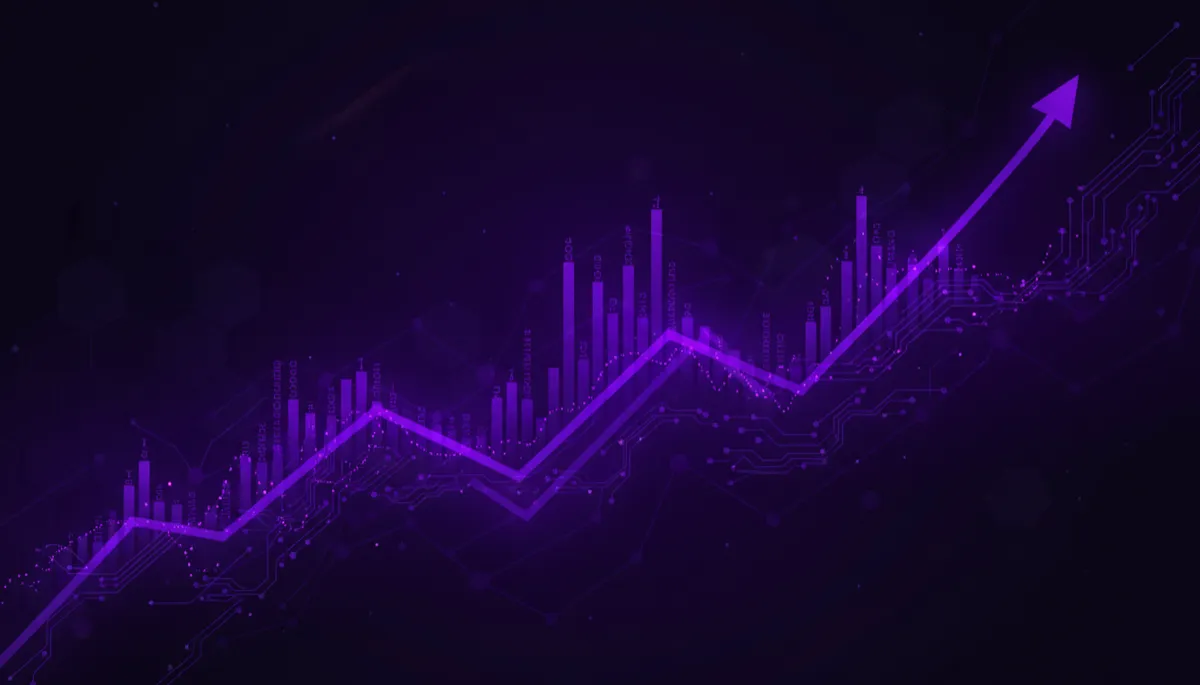 Abstract deep-purple and electric-violet AI data circuits forming an upward business graph