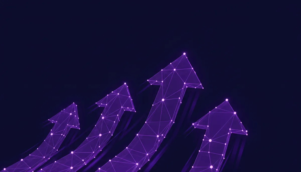 Abstract deep purple and electric violet geometric AI network forming upward growth arrows