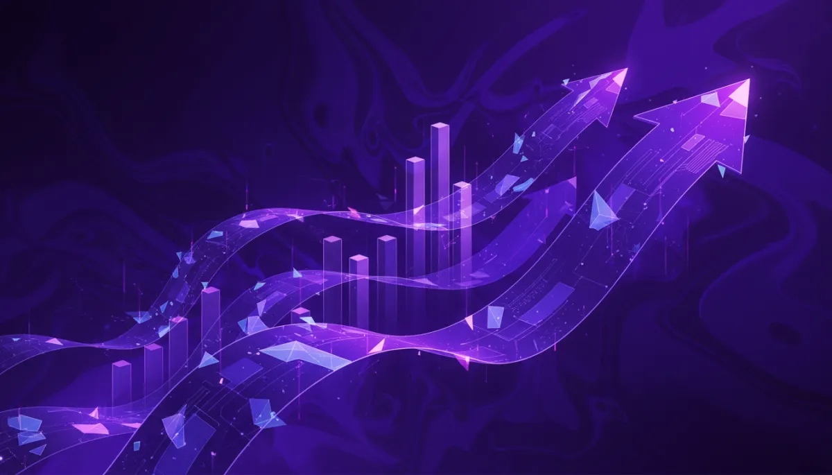 Abstract deep purple and electric violet geometric flows suggesting AI-driven business growth metrics