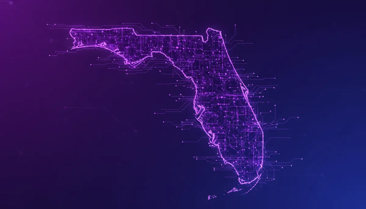 Abstract deep purple and electric violet network representing AI visibility for Florida businesses