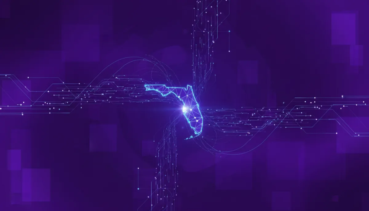 Abstract deep purple and electric violet data flows converging into a central hub