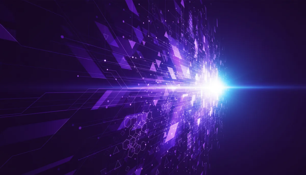 Abstract deep purple and electric violet geometric flows converging into a bright data hub