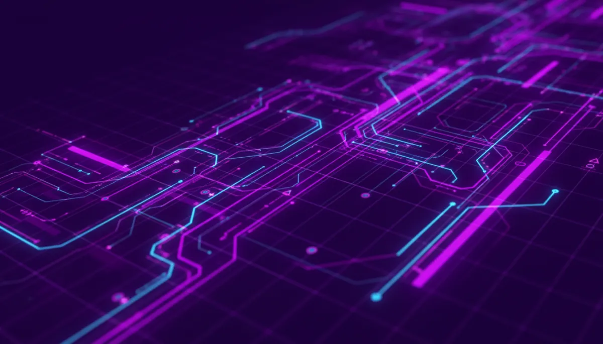Abstract purple and violet geometric data streams representing AI systems for local businesses