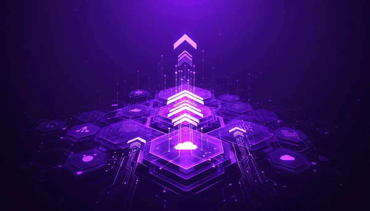 Abstract purple and violet geometric flows with arrows symbolizing AI-powered content growth