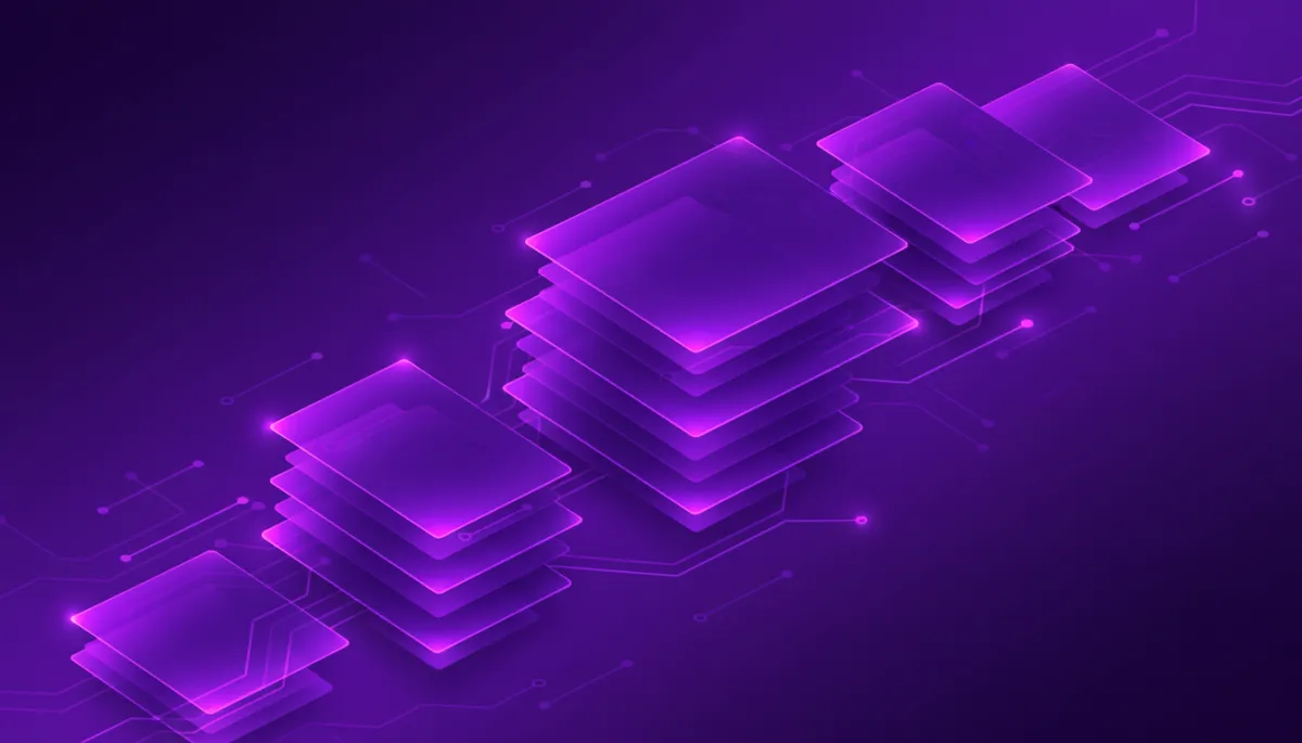 Abstract purple and violet geometric shapes illustrating a layered AI tool stack