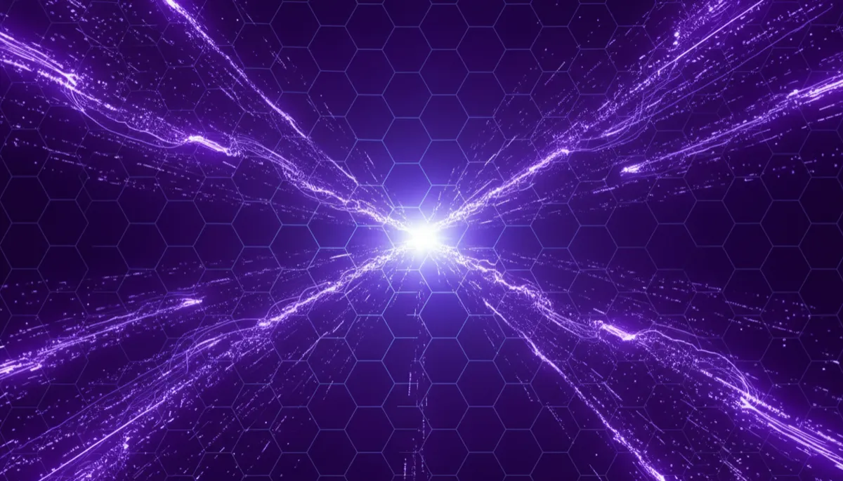 Abstract purple and indigo geometric data flows converging toward a bright center