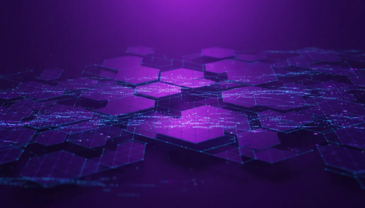 Abstract deep purple and electric violet visualization of automated AI workflows