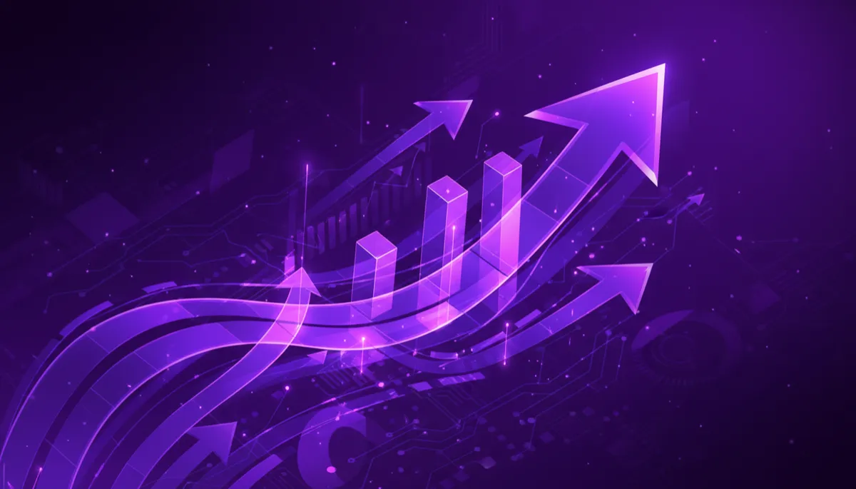Abstract deep purple and electric violet data flows forming rising arrows and bars