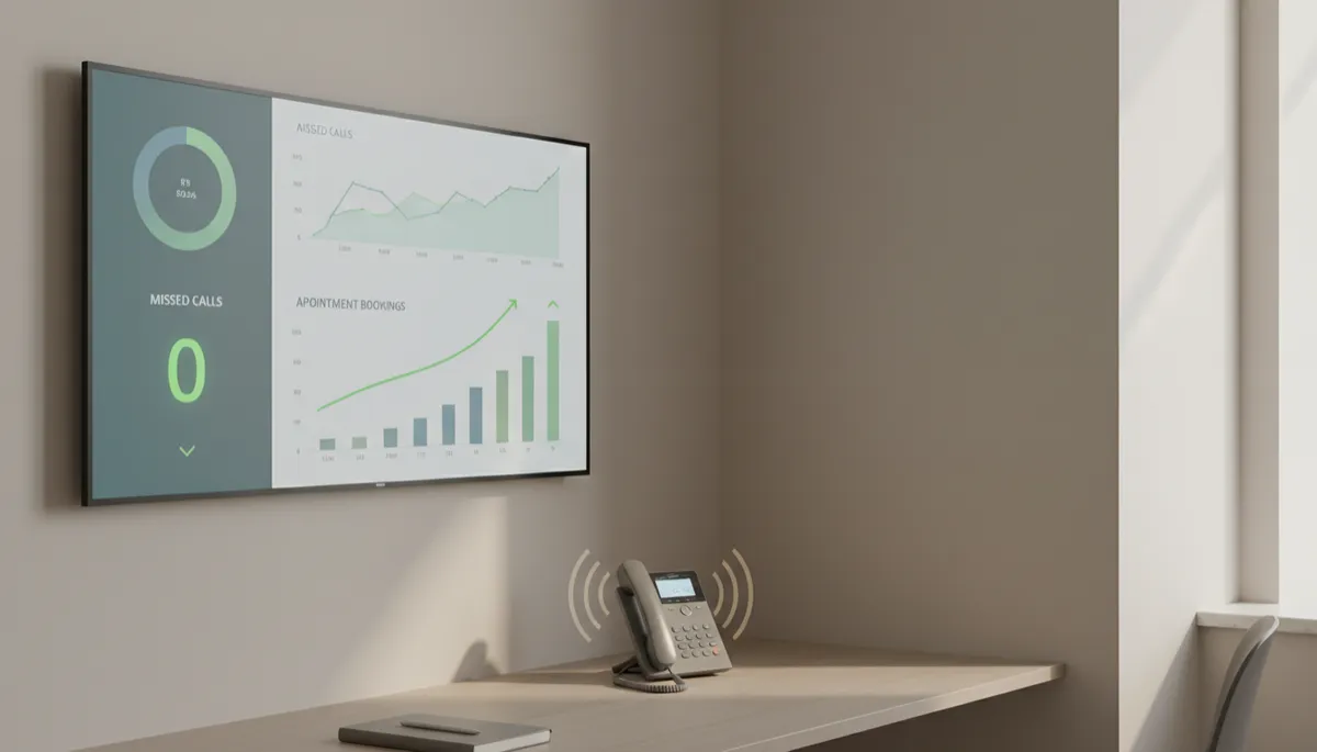 Photorealistic office dashboard displaying reduced missed calls and increased bookings