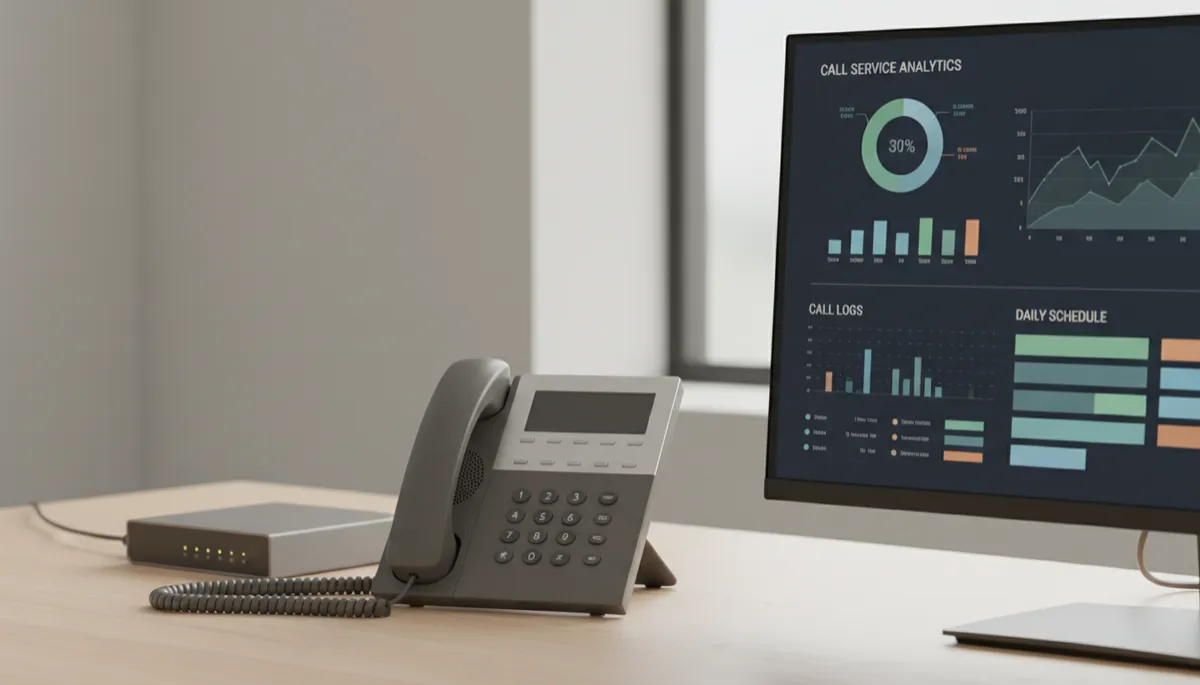 Photorealistic desk phone connected to AI system showing call analytics and schedules