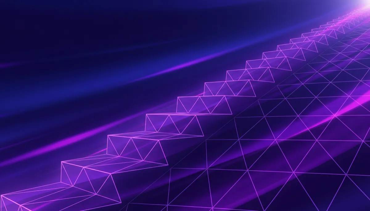 Abstract deep-purple geometric staircase symbolizing rapid AI-powered growth