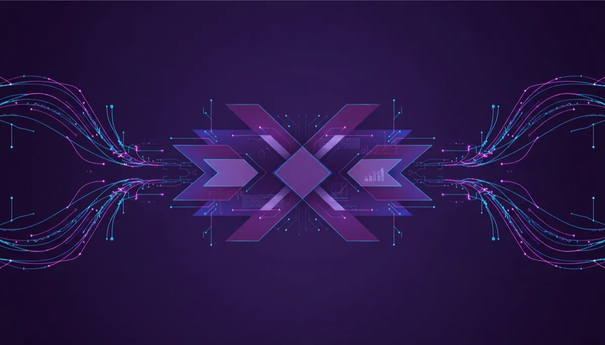 Abstract deep purple geometric visualization of data flowing into structured digital products