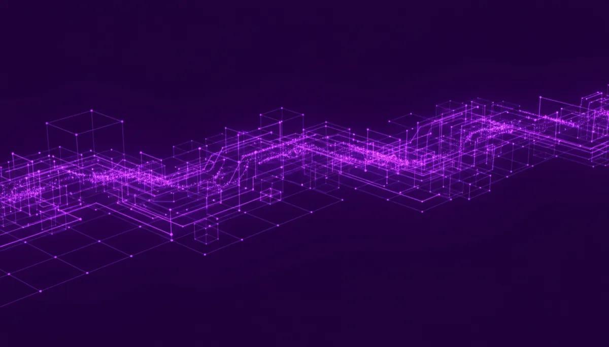 Abstract purple and violet geometric data flows symbolizing an AI-powered content engine