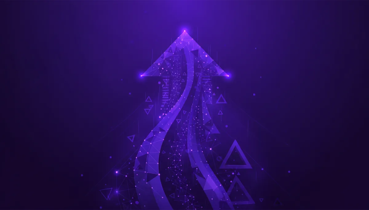 Abstract deep purple and electric violet geometric visualization of AI-driven business growth